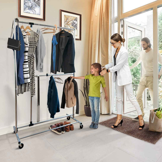 Heavy Duty Adjustable Clothing Rack on Wheels, Rolling Double Rod Garment Rack, Tatkraft Marvel