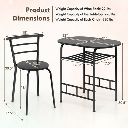 Home Kitchen Bistro Pub Dining Table 2 Chairs Set, Black, 3 pcs, Costway, 5