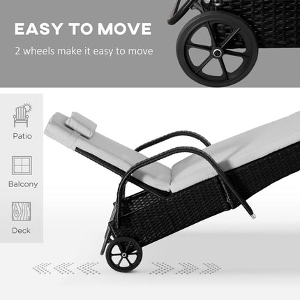 3-Piece Wicker Lounge Chair Set, Outdoor Loungers with Armrests, Cushion & Headrest, Side Table & Wheels, Black, Outsunny