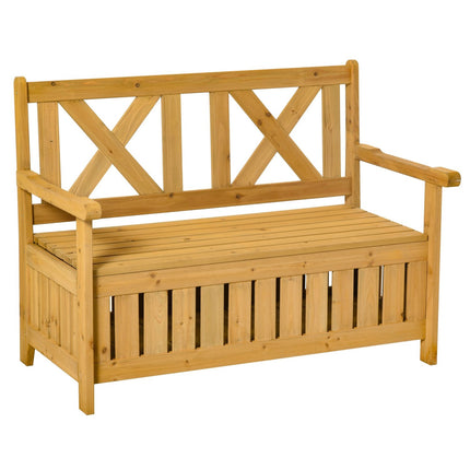 Wooden Outdoor Storage Bench 2-Person Backyard Patio Bench with Louvered Side Panels & Wood Build, Yellow, Outsunny, 6