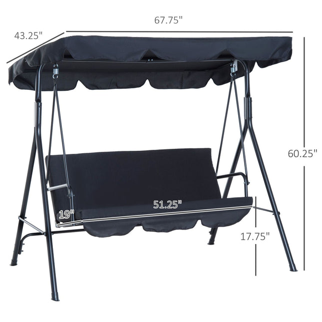3-Seat Patio Swing Chair with Removable Cushion, Steel Frame Stand and Adjustable Tilt Canopy Black, Outsunny, 2