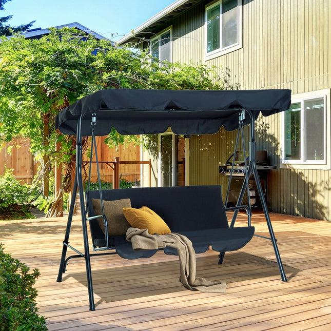 3-Seat Patio Swing Chair with Removable Cushion, Steel Frame Stand and Adjustable Tilt Canopy Black, Outsunny, 1