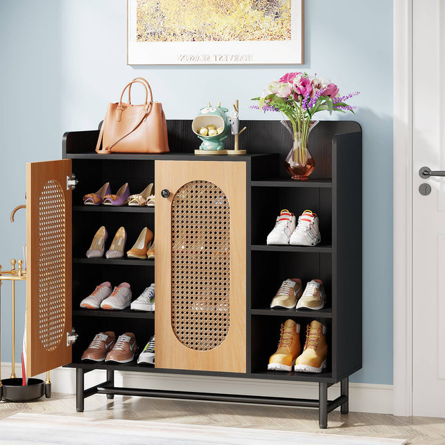 Tribesigns Shoe Cabinet, Rattan Shoe Storage Organizer with Doors & Open Shelves Tribesigns