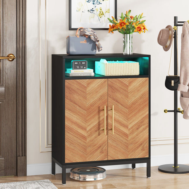 Tribesigns Shoe Cabinet, 5-Tier Shoe Racks Storage Organizer with Led Light, Brown & Black, 1