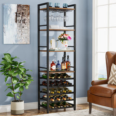 Wine Rack, 9 Tier 20 Bottle, Tall Wine Rack, Wine Bar Cabinet with Glass Holder, Rustic Brown, Tribesigns