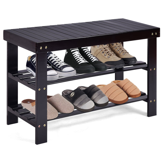 Shoe Rack, Bamboo Bench Storage Shoe Shelf, 3 Tier Black, Costway