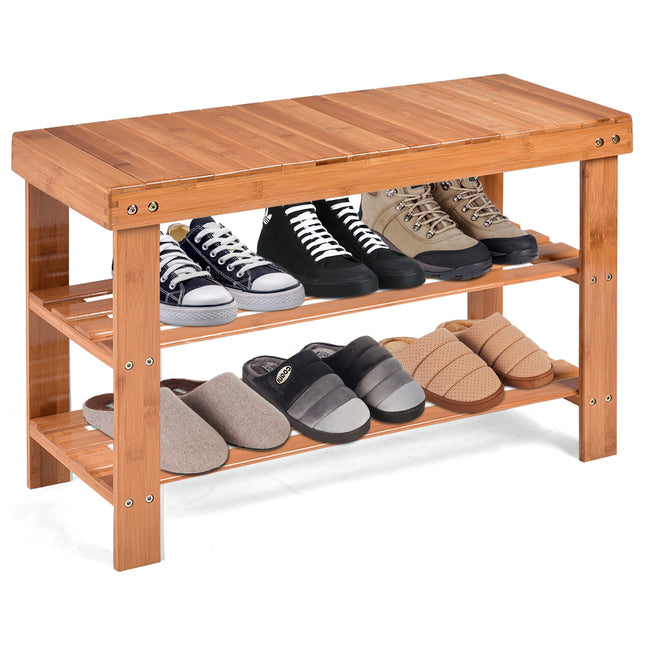 Shoe Rack, Bamboo Bench Storage Shoe Shelf, 3 Tier, Natural, Costway, 1