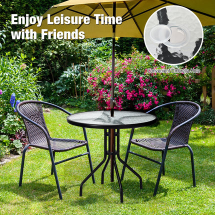 Outdoor Patio Round Tempered Glass Top Table with Umbrella Hole, 32 Inch, Costway, 4