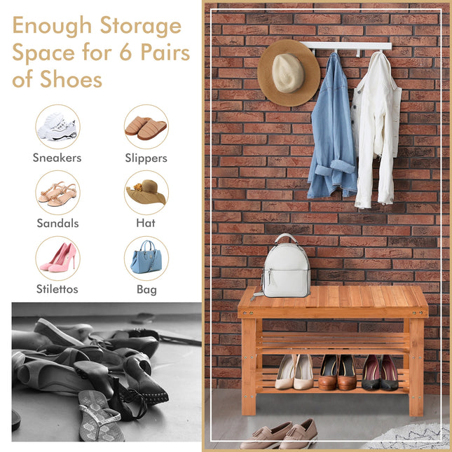 Shoe Rack, Bamboo Bench Storage Shoe Shelf, 3 Tier, Natural, Costway, 2