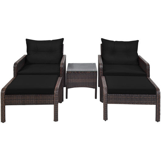 Patio Rattan Sofa Ottoman Furniture Set with Cushions, 5 Pieces , Black, Costway, 1