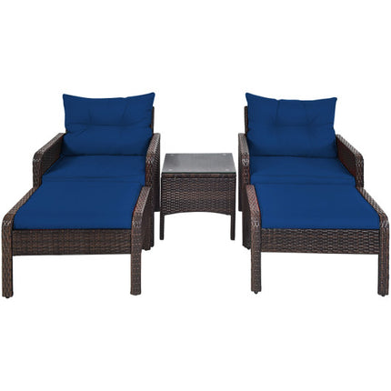 Patio Rattan Sofa Ottoman Furniture Set with Cushions, 5 Pieces , Navy, Costway, 1