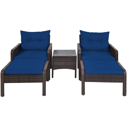 Patio Rattan Sofa Ottoman Furniture Set with Cushions, 5 Pieces , Navy, Costway, 8