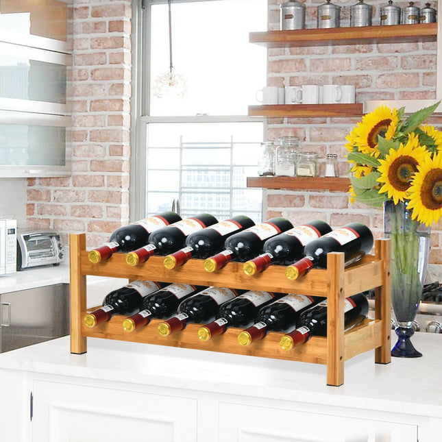 Bamboo Storage Shelf  Wine Rack, 2-Tier 12 Bottles , Natural, Costway, 2