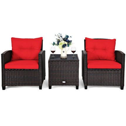 Patio Rattan Furniture Set Cushioned Conversation Set Coffee Table, Red, 3 Pcs , Costway, 5