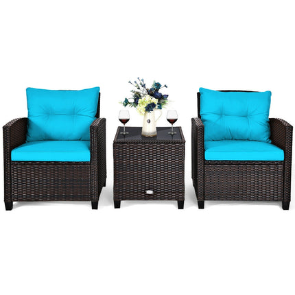 Patio Rattan Furniture Set Cushioned Conversation Set Coffee Table, Turquoise, 3 Pcs , Costway, 9