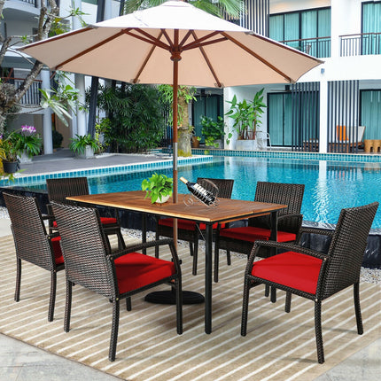Outdoor Patio Furniture, Dining Set, Patio Rattan Cushioned Dining Set with Umbrella Hole, Red, 7 Pcs, Costway, 7