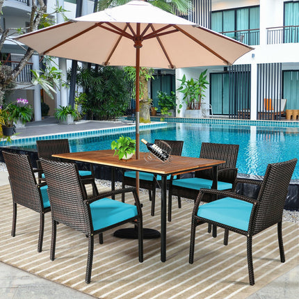 Outdoor Patio Furniture, Patio Rattan Cushioned Dining Set with Umbrella Hole, Turquoise, Table, 6 Chairs, 7 Pcs, Costway, 4