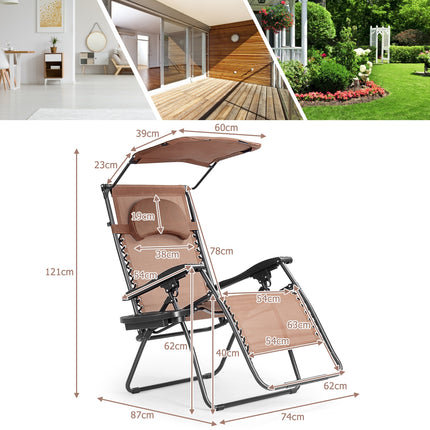 Folding Recliner Lounge Chair with Shade Canopy Cup Holder, Brown, Costway, 4