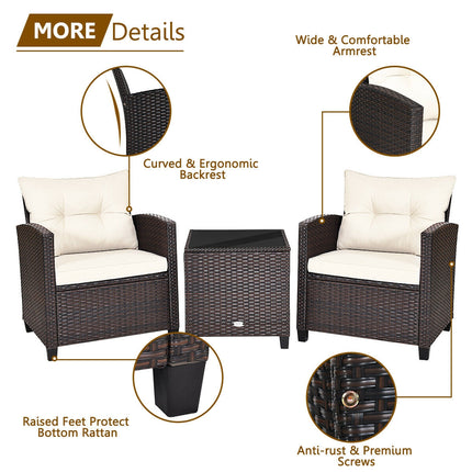 Patio Rattan Furniture Set Cushioned Conversation Set Coffee Table, 3 Pcs , Costway