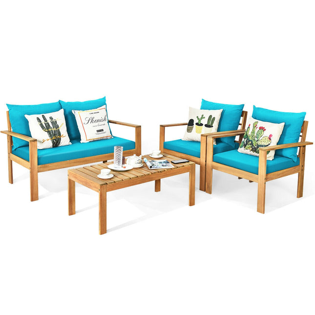 Outdoor Dining set, Outdoor Acacia Wood Chat Set with Water Resistant Cushions, Turquoise, 4 Pieces, Costway, 2