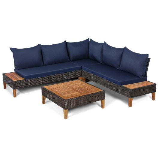 Patio Cushioned Rattan Furniture Set with Wooden Side Table, Navy, 4 Pieces , Costway, 1