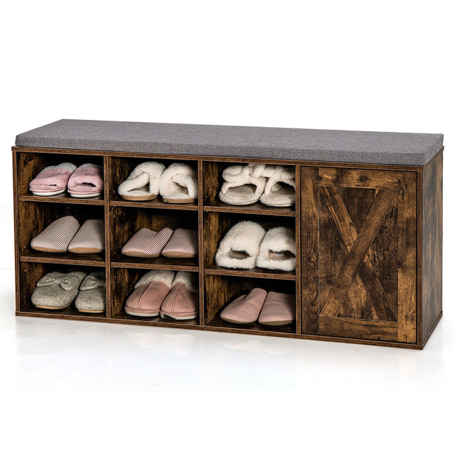 Shoe Rack, 9-cube Adjustable Storage Shoe Bench with Padded Cushion, Rustic Brown, Costway
