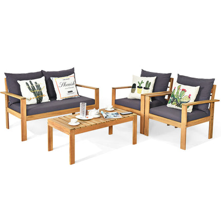Outdoor Patio Furniture, Outdoor 4 Pieces Acacia Wood Chat Set with Water Resistant Cushions, Gray, Costway, 4
