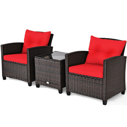 Patio Rattan Furniture Set Cushioned Conversation Set Coffee Table, Red, 3 Pcs , Costway
