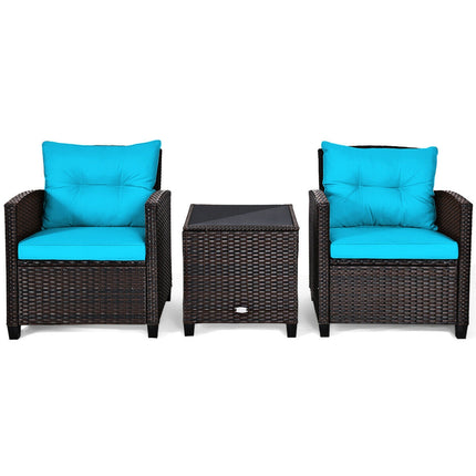 Patio Rattan Furniture Set Cushioned Conversation Set Coffee Table, Turquoise, 3 Pcs , Costway