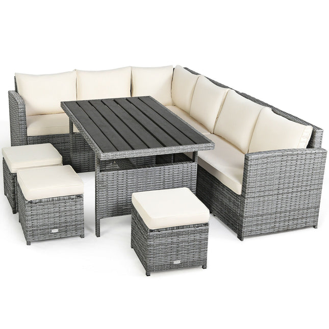 Outdoor Patio Furniture, Outdoor Dining Set, Dining Set, Patio Rattan Dining Sofa Set with Ottoman, 7 Pieces, Costway, 2