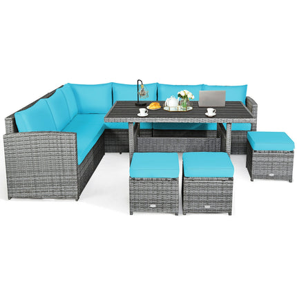 Outdoor Patio Furniture, Dining Set, Patio Rattan Dining Furniture Sofa Set with Wicker Ottoman, 7 Pieces, Costway, 3