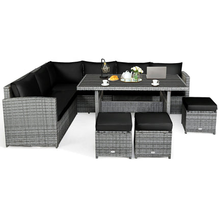 Outdoor Dining Set, Patio Rattan Dining Furniture Sectional Sofa Set with Wicker Ottoman, Black, 7 Pieces, Costway, 6
