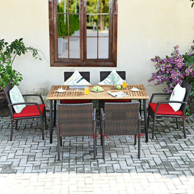 Outdoor Patio Furniture, Dining Set, Patio Rattan Cushioned Dining Set with Umbrella Hole, Red, 7 Pcs, Costway