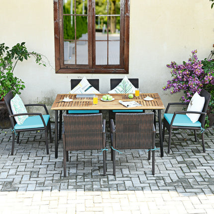 Outdoor Patio Furniture, Patio Rattan Cushioned Dining Set with Umbrella Hole, Turquoise, Table, 6 Chairs, 7 Pcs, Costway, 5