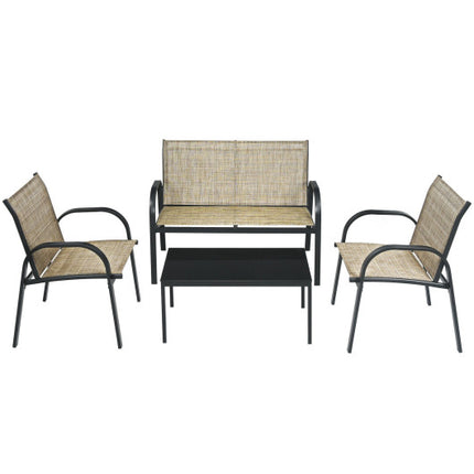 Patio Furniture Set with Glass Top Coffee Table, Brown, 4 Pieces, Costway, 1
