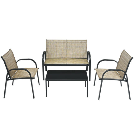 Patio Furniture Set with Glass Top Coffee Table, Brown, 4 Pieces, Costway, 4