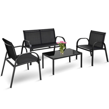 Patio Furniture Set with Glass Top Coffee Table 4 Pieces Black, Costway