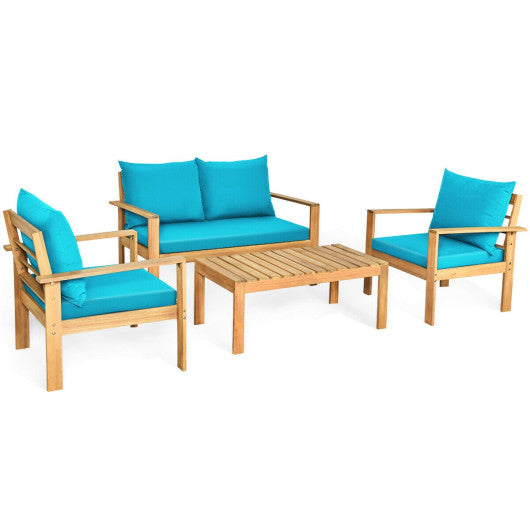 Outdoor Acacia Wood Chat Set with Water Resistant Cushions, Turquoise, 4 Pieces, Costway