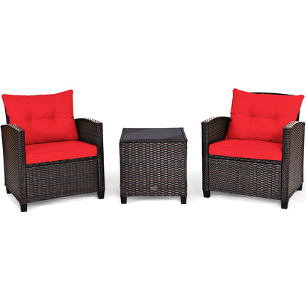Patio Rattan Furniture Set Cushioned Conversation Set Coffee Table, Red, 3 Pcs , Costway, 4
