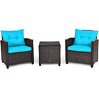 Patio Rattan Furniture Set Cushioned Conversation Set Coffee Table, Turquoise, 3 Pcs , Costway, 1