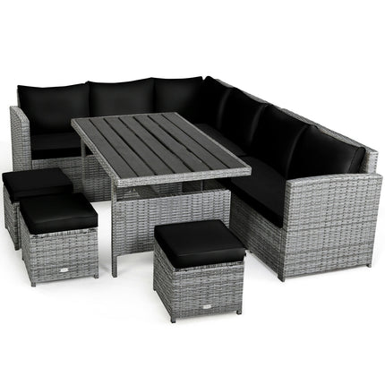 Outdoor Dining Set, Patio Rattan Dining Furniture Sectional Sofa Set with Wicker Ottoman, Black, 7 Pieces, Costway, 9