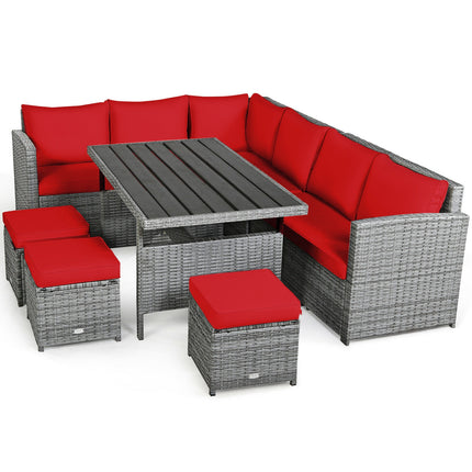 Outdoor Dining set, Patio Rattan Dining Furniture Sectional Sofa Set with Wicker Ottoman, Red, 7 Pieces, Costway, 7