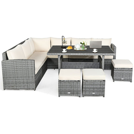 Outdoor Patio Furniture, Outdoor Dining Set, Dining Set, Patio Rattan Dining Sofa Set with Ottoman, 7 Pieces, Costway, 7