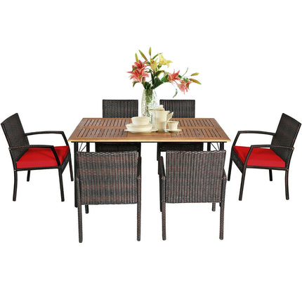 Outdoor Patio Furniture, Dining Set, Patio Rattan Cushioned Dining Set with Umbrella Hole, Red, 7 Pcs, Costway, 6