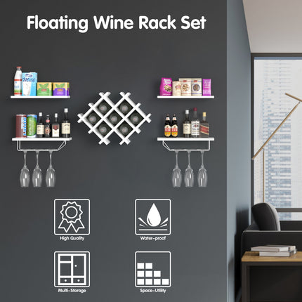 Wall Mount Wine Rack Set w/ Storage Shelves, Set of 5, White, Costway, 6