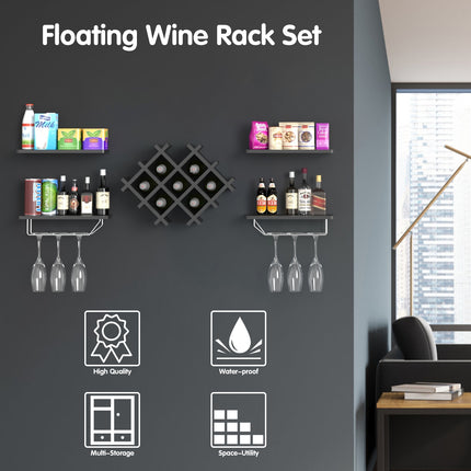 Wall Mount Wine Rack Set with Storage Shelves, Set of 5, Black, Costway, 6