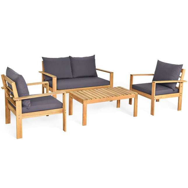 Outdoor Patio Furniture, Outdoor 4 Pieces Acacia Wood Chat Set with Water Resistant Cushions, Gray, Costway