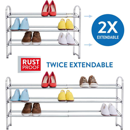 Extendable 3 tier heavy duty shoe rack made of metal. Sturdy shoe organizer for entryway