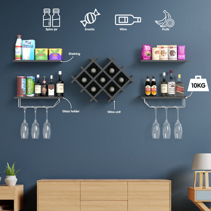 Wall Mount Wine Rack Set with Storage Shelves, Set of 5, Black, Costway, 3