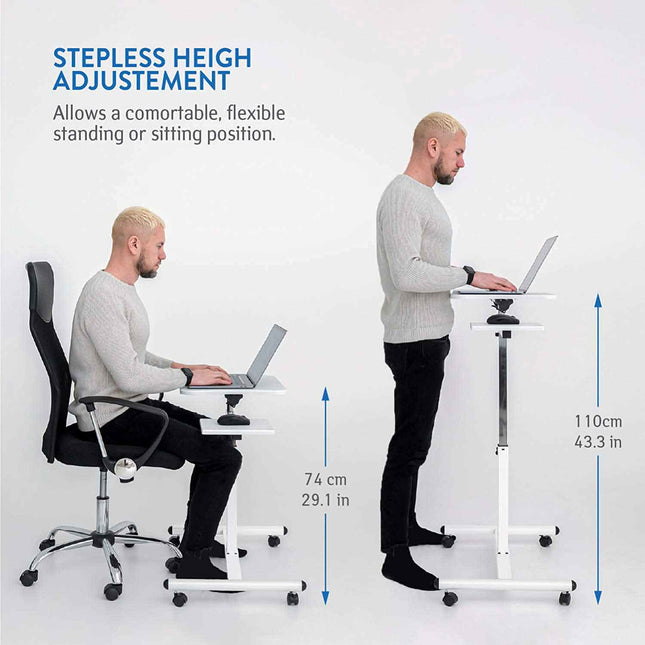 Tatkraft Bianca - Ergonomic Sit-Stand Computer Desk with Mouse Board on Wheels, Adjustable Height 28.3-43.4'', Tabletop 360° Swivel & 160° Tilt, White